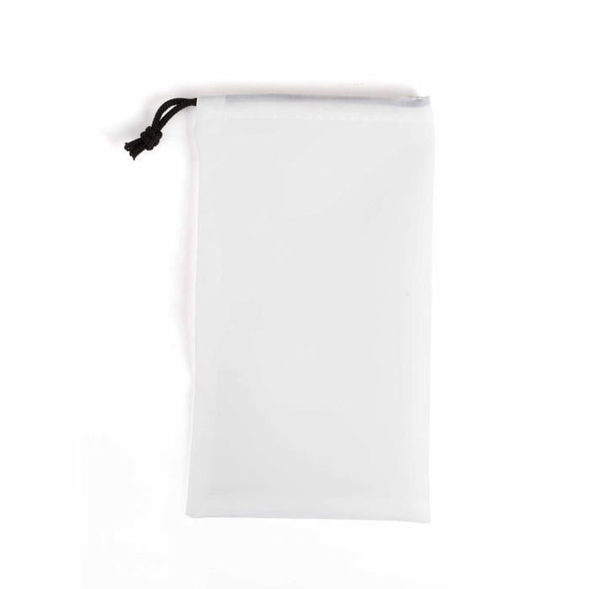 Un sacchetto bianco con coulisse e un nodo nero. La borsa è rettangolare e sembra vuota.