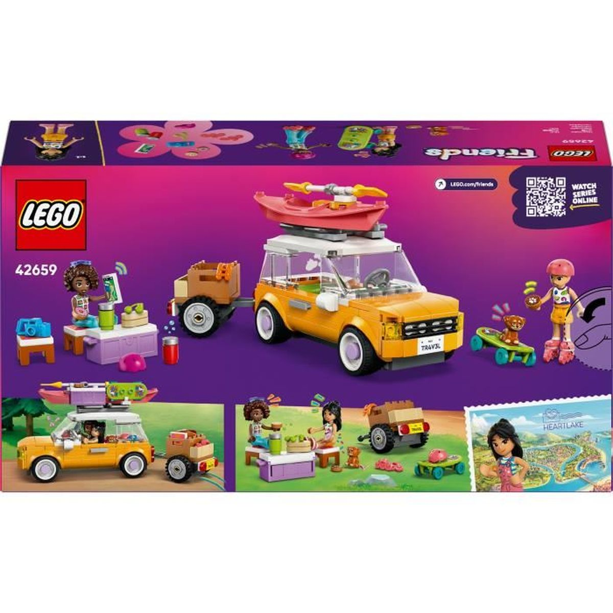 Zestaw LEGO Friends 42659. Pudełko przedstawia żółty samochód Lego z kajakiem, figurkami i przyczepą. Pokazano inne sceny.