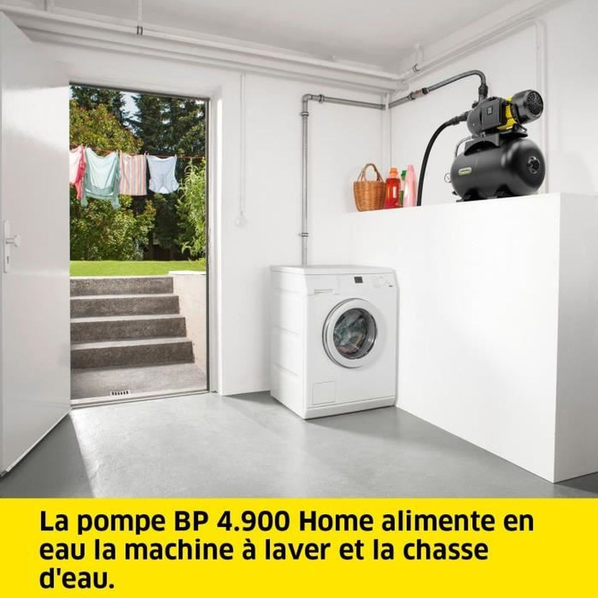 Eine Waschmaschine, eine Wasserpumpe und eine Tür, die sich zu einem Hinterhof mit hängender Wäsche öffnet. Der Text besagt, dass die Pumpe Wasser liefert.