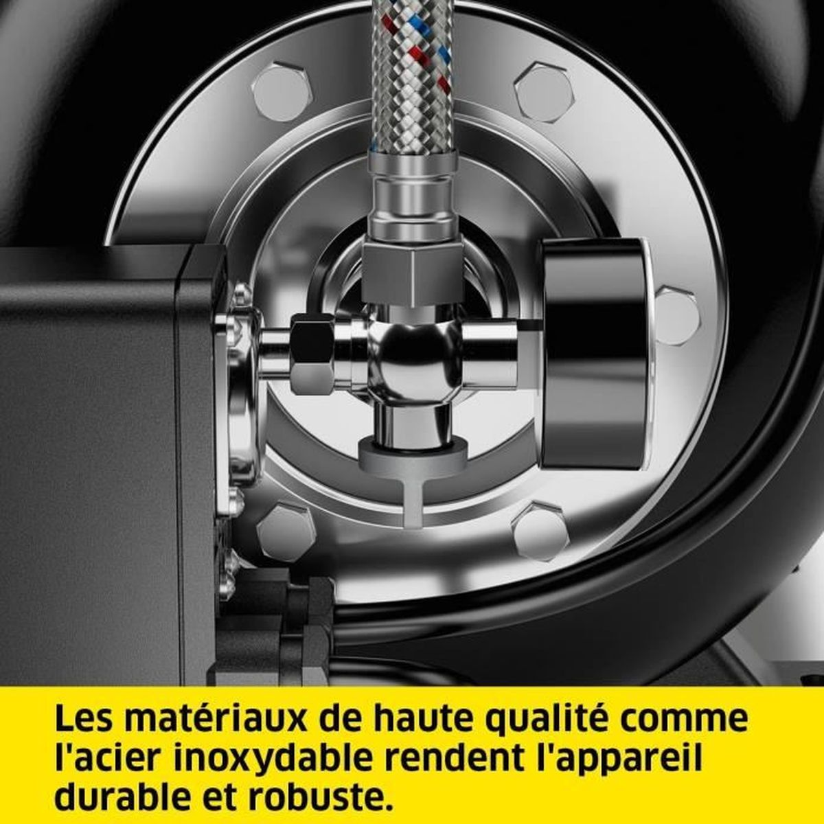 Nahaufnahme metallischer Maschinenteile. Edelstahlrohr, Ventil und schwarzes Gehäuse sind sichtbar. Text unten: hochwertige Materialien.