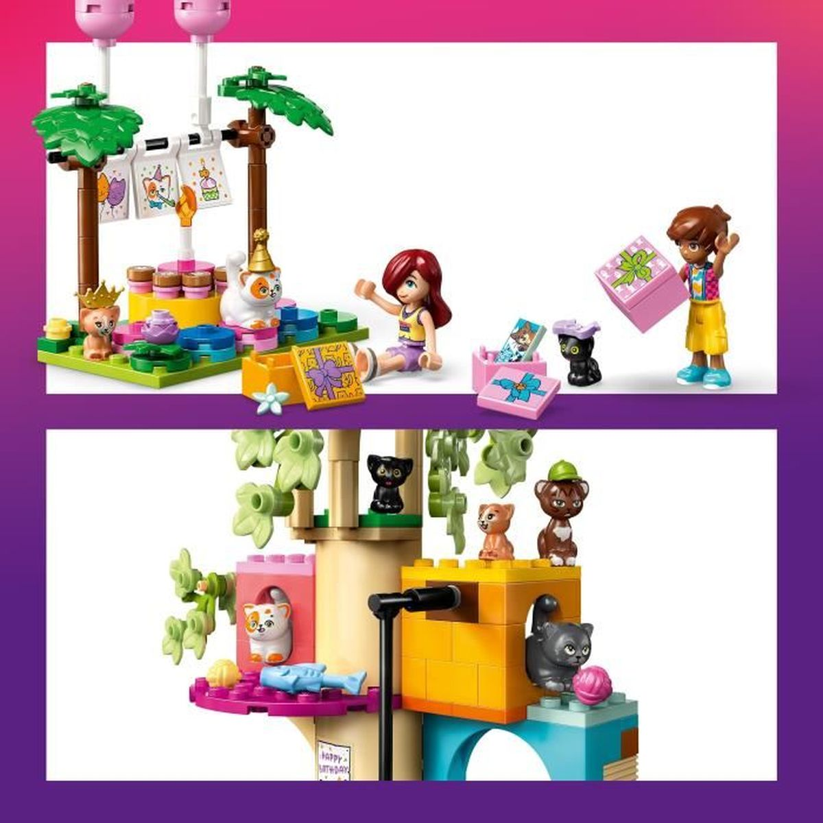 Zestaw LEGO Friends. Zawiera figurki, koty i dekoracje urodzinowe. Górna scena z dwiema dziewczynami, dolna scena z kotami i drzewem.