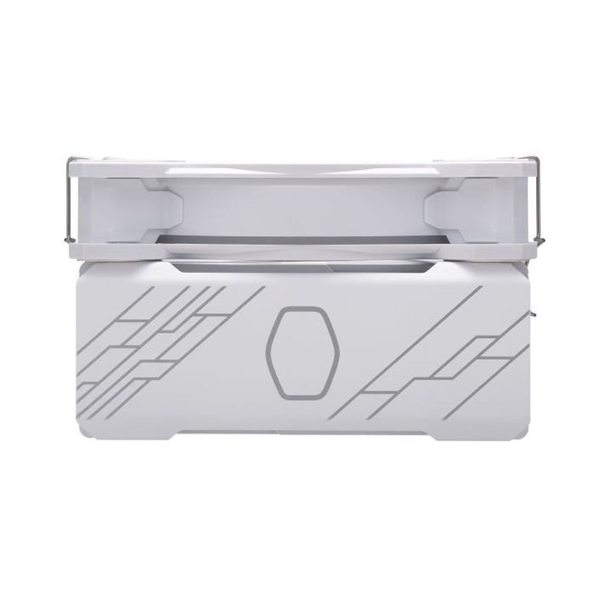 Biały komponent komputera z szarymi geometrycznymi wzorami i sześciokątnym obrysem, prawdopodobnie chłodnica lub wentylator.