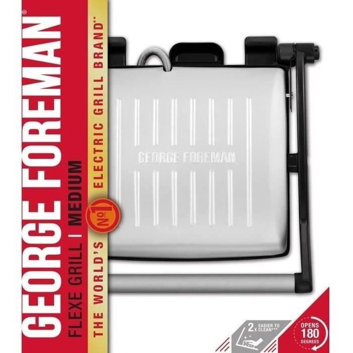 Parrilla eléctrica George Foreman. La parrilla es blanca y negra, con el nombre de la marca visible. La parrilla se abre 180 grados.