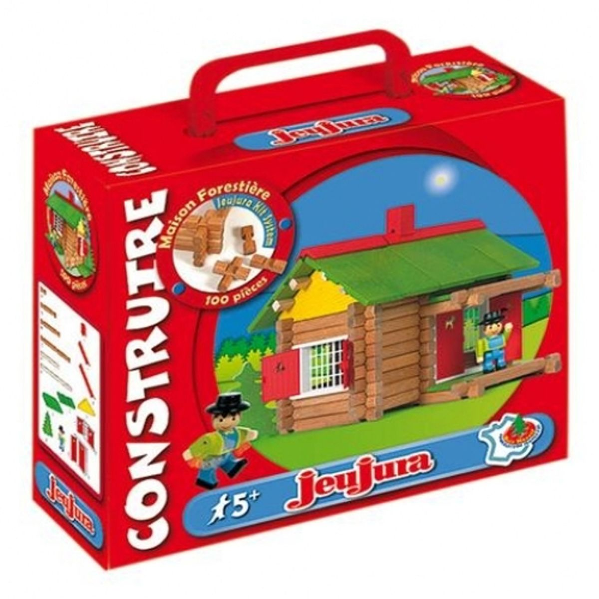 Eine rote Box mit einem Spielzeug-Hütten-Bausatz. Es zeigt eine Holzhütte, eine Kinderfigur und den Text 'Construire' und 'JeuJura'.