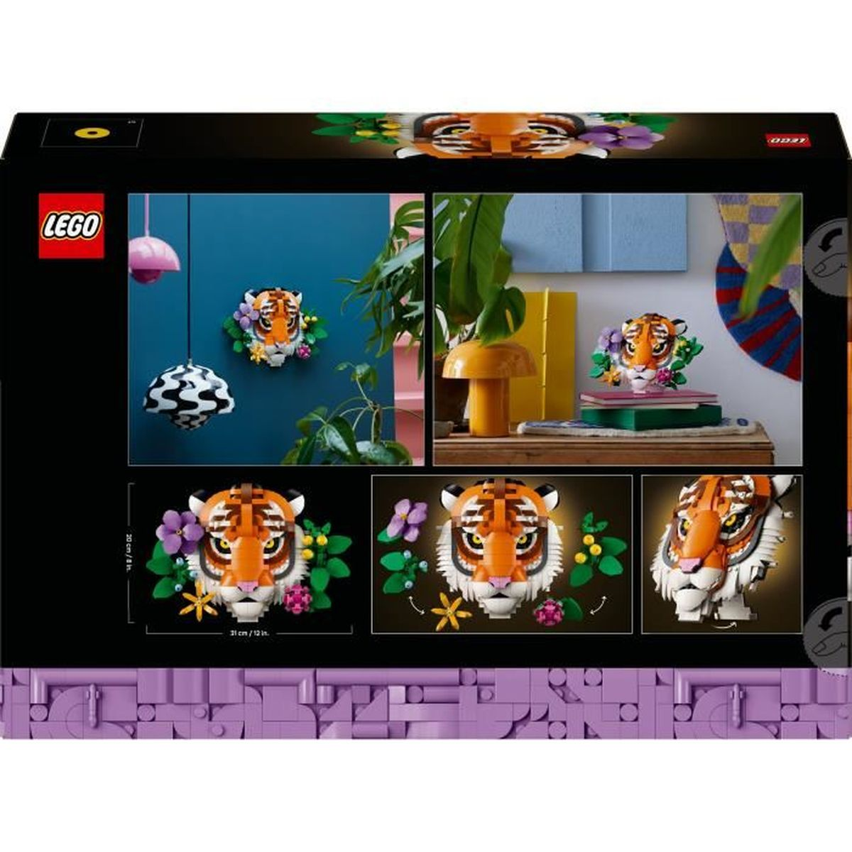Pudełko z głową tygrysa LEGO, różne obrazy w środku. Zawiera gotowy model i logo LEGO.