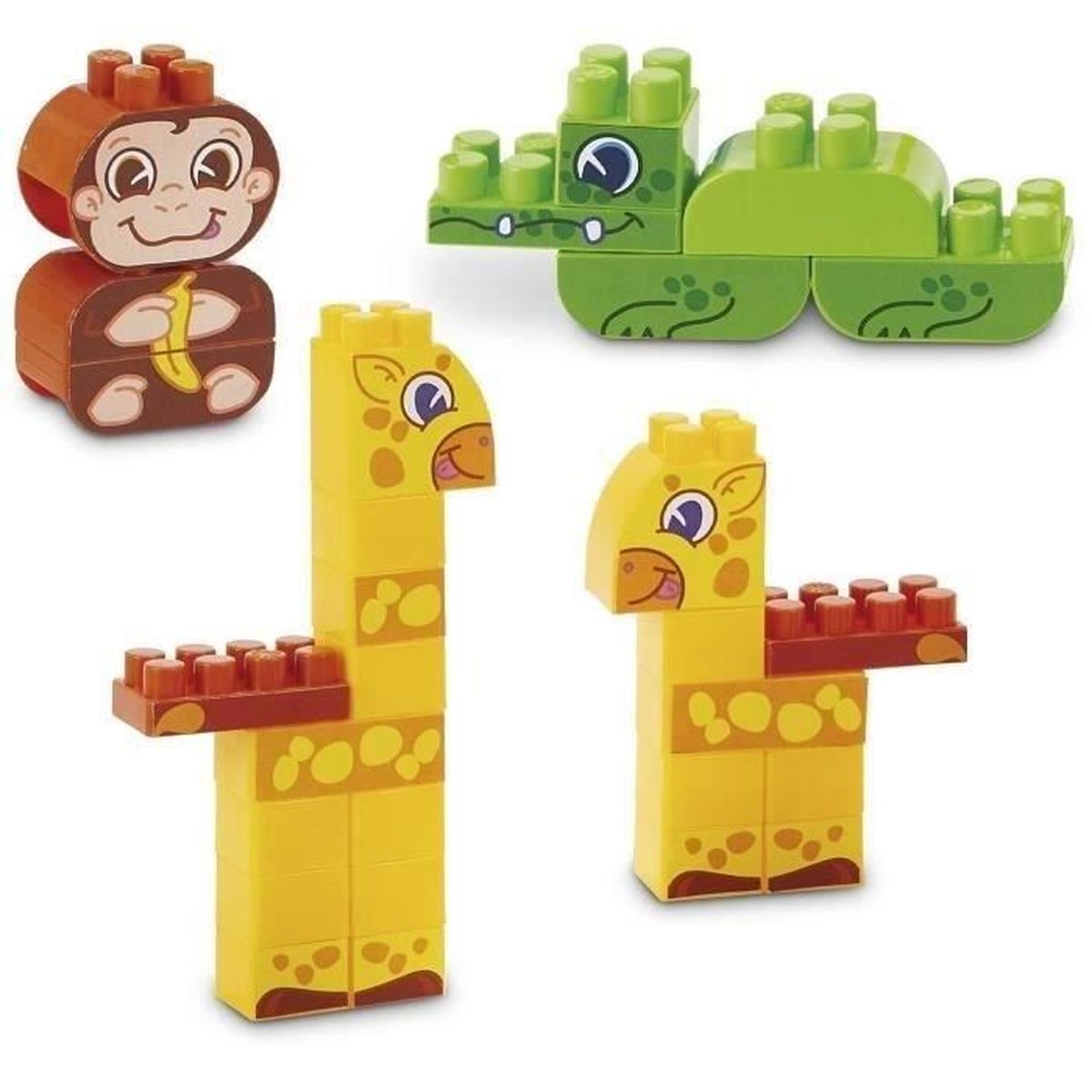 L'immagine mostra blocchi giocattolo: una scimmia, un coccodrillo e due giraffe. I blocchi sono di vari colori come giallo, verde, marrone e rosso.