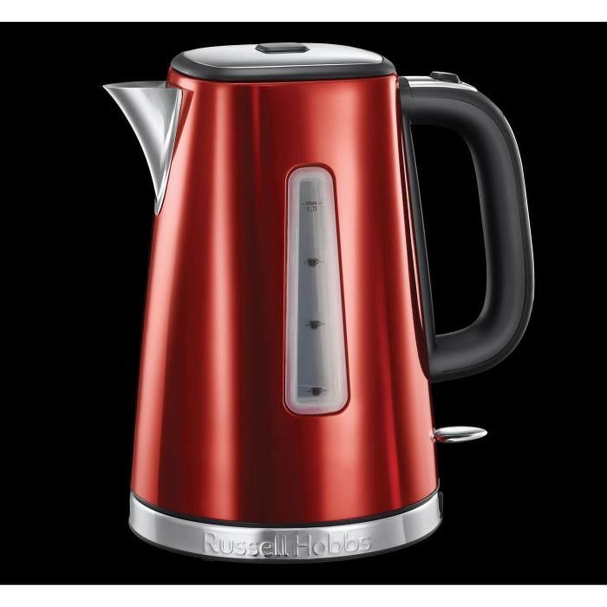 Une bouilloire électrique rouge Russell Hobbs. Elle a une poignée et un couvercle noirs, un indicateur de niveau d'eau et une base chromée.