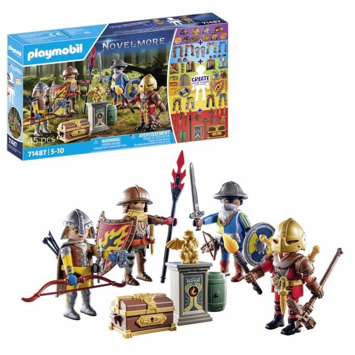Zestaw Playmobil Novelmore. Rycerze z bronią i tarczami są wyświetlane. Pudełko ze szczegółami zestawu znajduje się w tle.