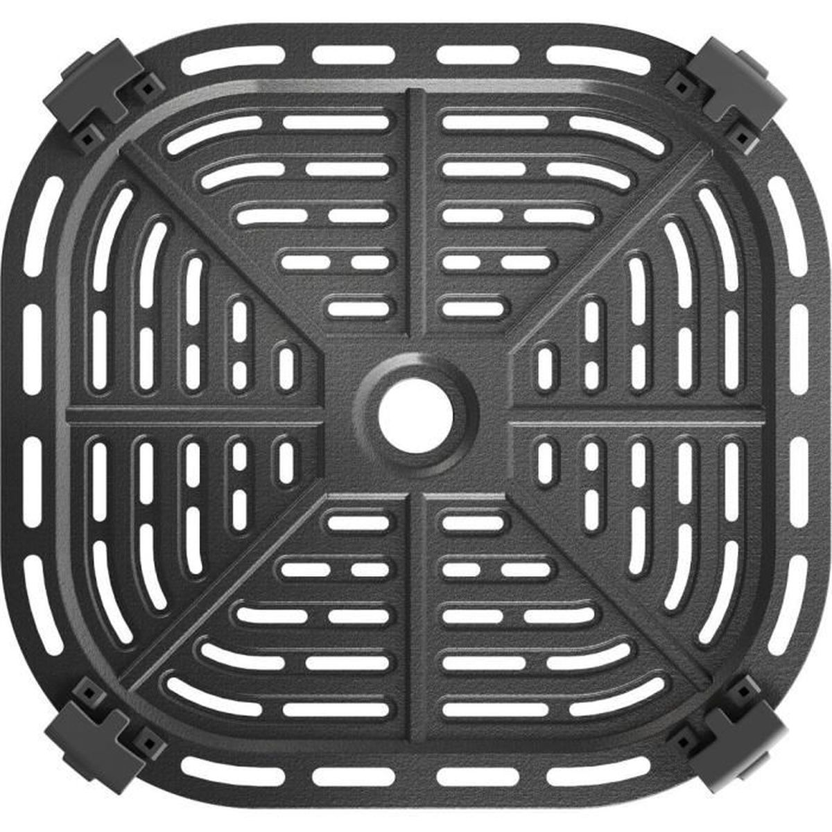 Czarny kosz do frytkownicy powietrznej o okrągłym kształcie. Posiada liczne szczeliny i centralny otwór. Są cztery klipsy narożne.