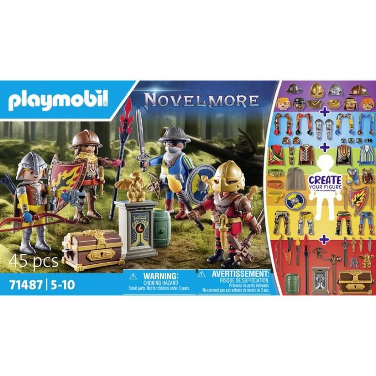 Zestaw Playmobil Novelmore. Rycerze z bronią, tarczami i akcesoriami. Zawiera skrzynię, beczkę i opcje tworzenia postaci.
