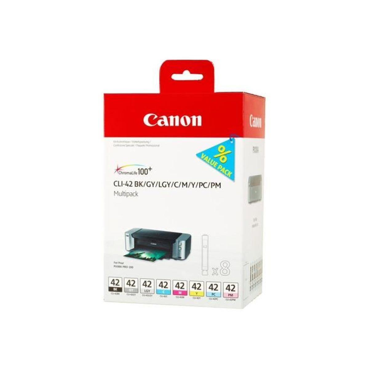 Eine Canon-Tintenmultipack-Box. Sie hat das Canon-Logo, einen Aufkleber für das Value Pack und verschiedene Tintenpatronenfarben.