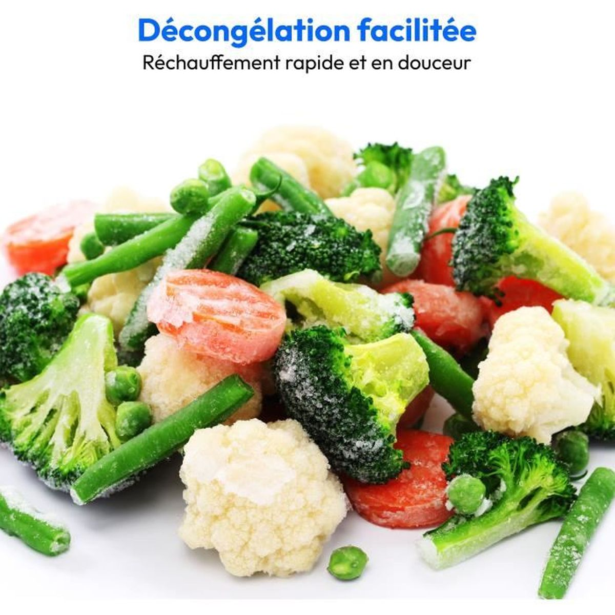 Zbliżenie zamrożonych warzyw: brokuły, kalafior, fasolka szparagowa, groszek i marchew. Białe tło. Tekst: łatwe rozmrażanie.