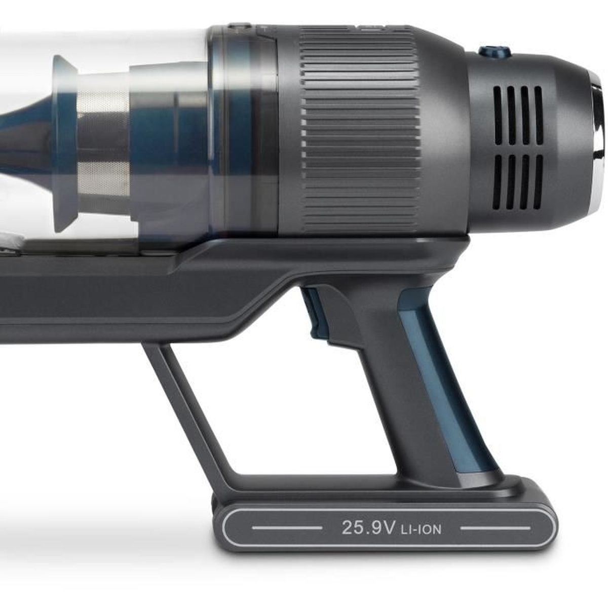 Un aspirapolvere senza fili grigio e blu. Mostra l'impugnatura, la batteria e un contenitore trasparente per la polvere. La batteria indica 25,9 V Li-ion.