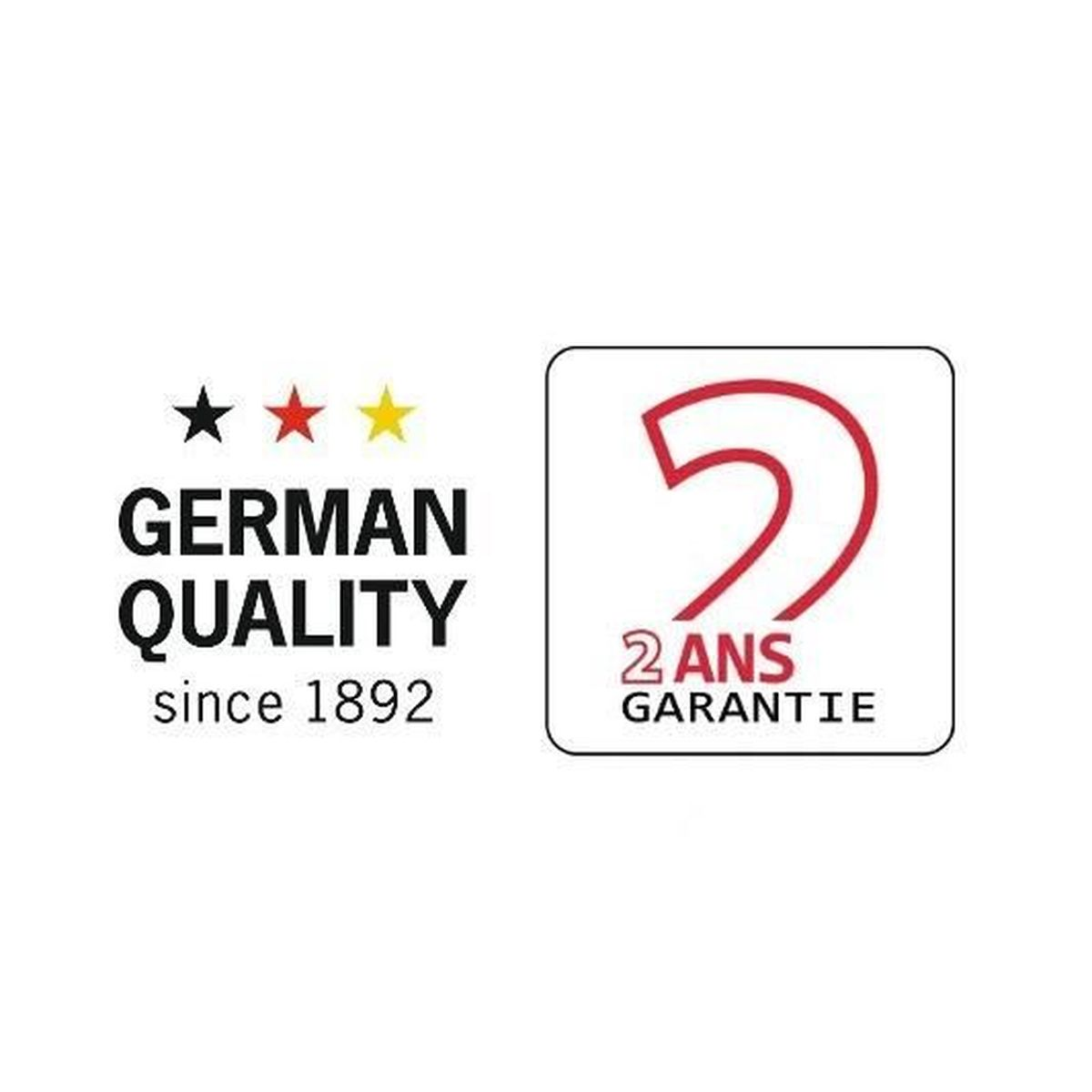 Logo z trzema gwiazdami, "GERMAN QUALITY od 1892" i symbolem gwarancji z "2 ANS GARANTIE" w kwadracie.