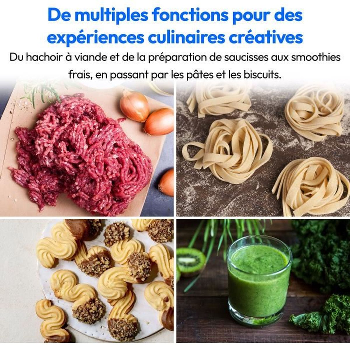 La imagen muestra ingredientes para cocinar: carne picada, pasta, galletas y batido. Texto en francés destaca funciones culinarias diversas.