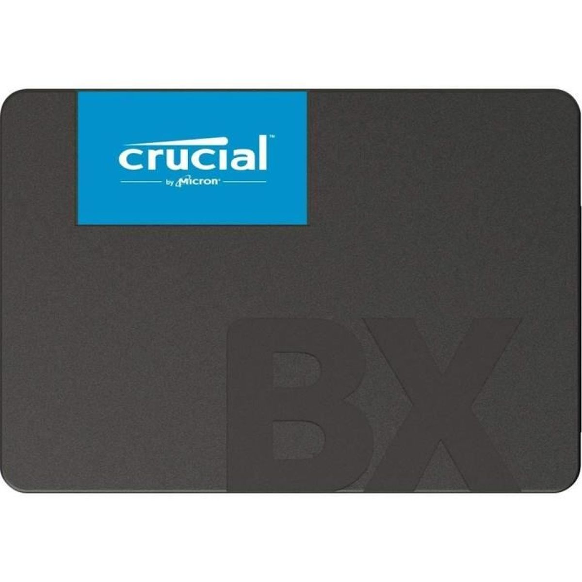 Czarny dysk SSD Crucial BX. W lewym górnym rogu znajduje się niebieski kwadrat z napisem 'crucial' i logo Micron. 'BX' jest wytłoczone.