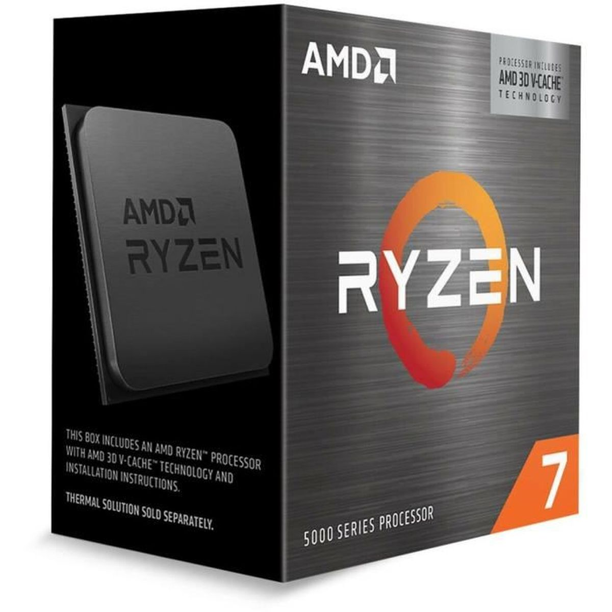 Pudełko z marką procesora AMD Ryzen. Pudełko jest czarne z pomarańczowym i białym tekstem oraz dużą liczbą '7' z boku.