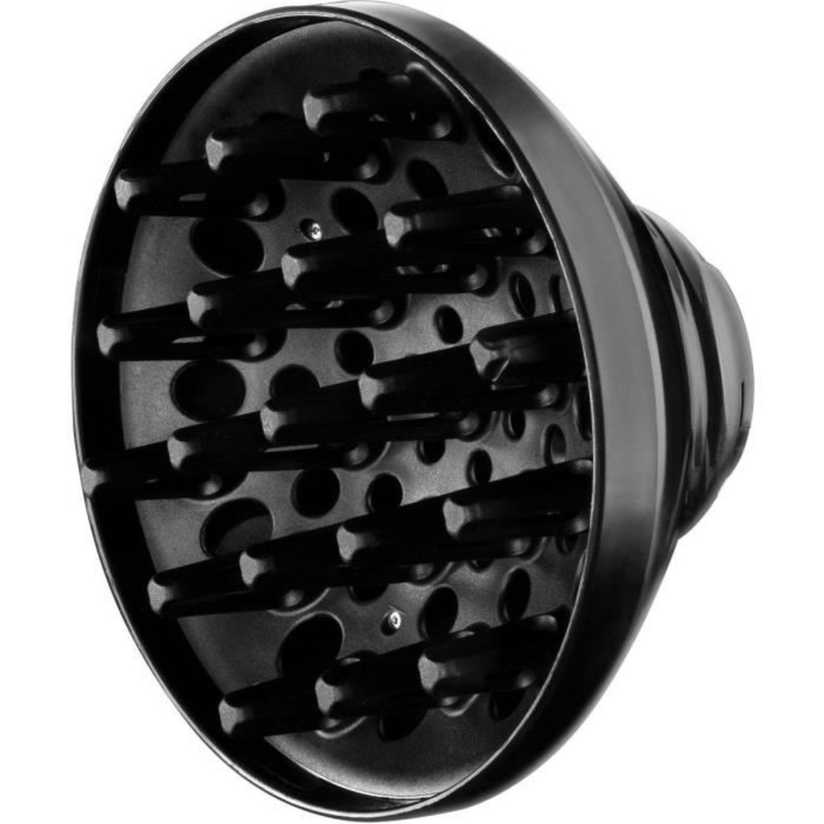 Un diffusore nero per asciugacapelli con numerosi denti e fori arrotondati. Il dispositivo è angolato, con un bordo curvo e un retro rotondo.