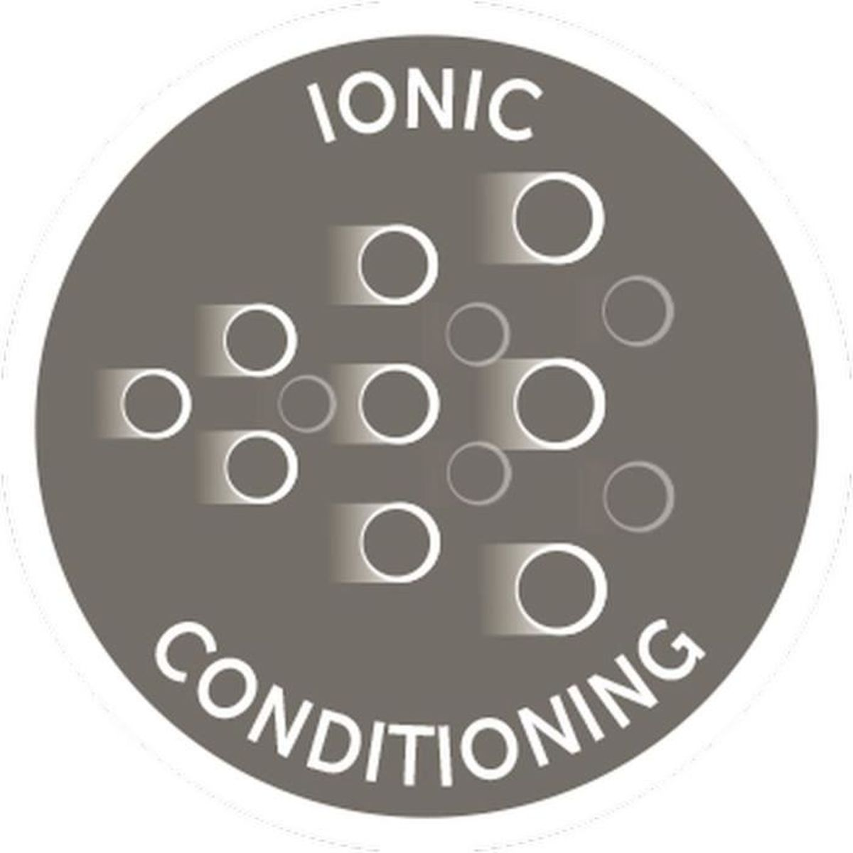 Logo rotondo grigio con le parole 'IONIC CONDITIONING'. Cerchi e linee bianche suggeriscono attività molecolare all'interno del cerchio.