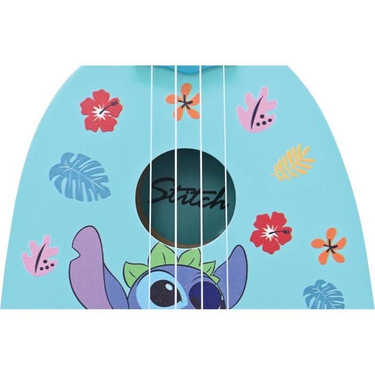 Jasnoniebieskie ukulele z wzorem Stitch. Ma wzory kwiatowe i liści. Stitch jest na dole, a otwór dźwiękowy mówi 'Stitch'.