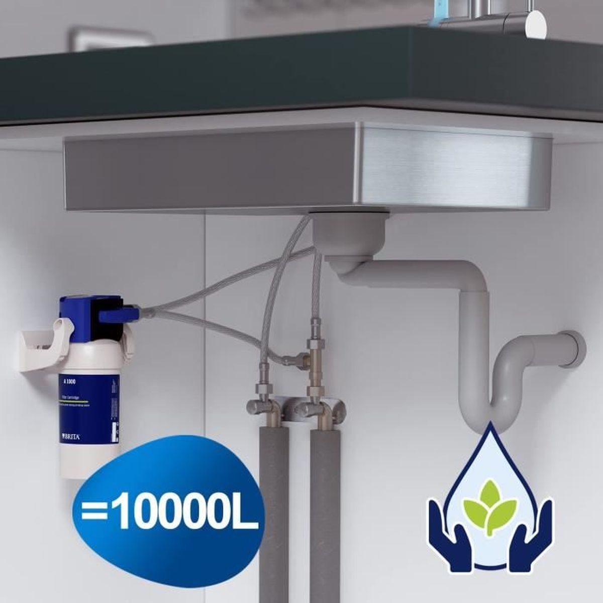 System filtra wody pod zlewem, z niebiesko-białym filtrem, rurami i niebieską grafiką z napisem '=10000L'.