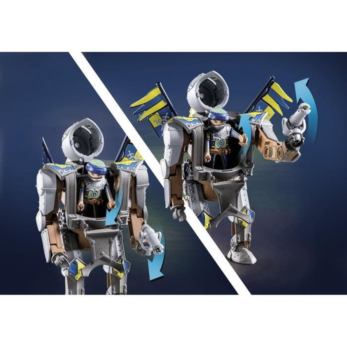 Ein Spielzeug-Roboter-Ritter mit einer kleinen Figur im Inneren. Er hat blau-gelbe Flaggen und ein blauer Pfeil zeigt Bewegung an.