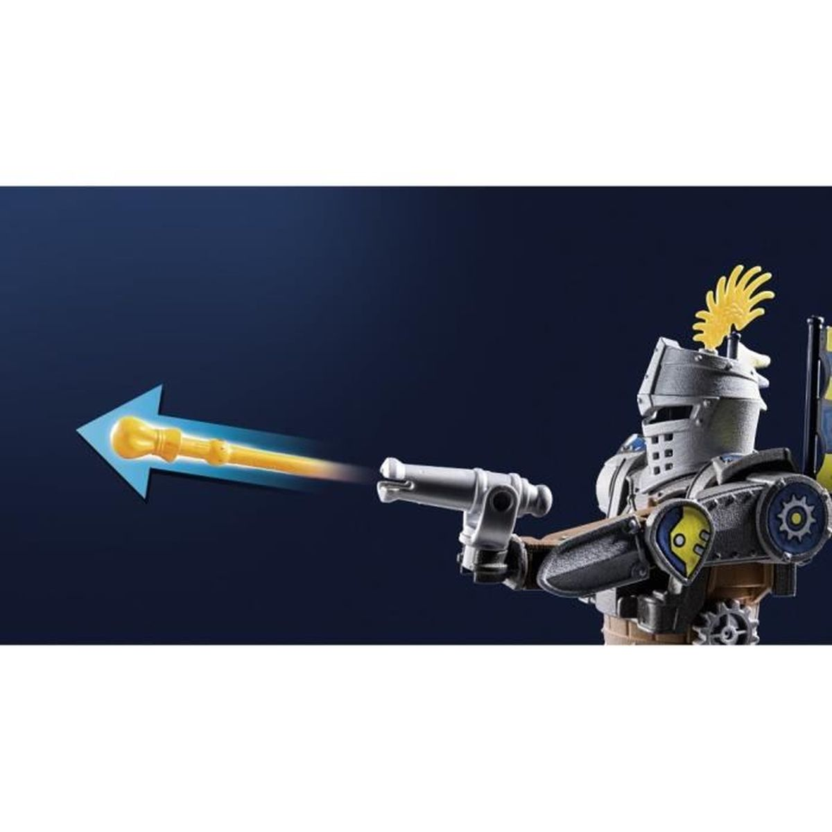 Ein Spielzeugritter mit Helm und Kanone zielt auf einen gelben Pfeil. Der Hintergrund ist dunkelblau.