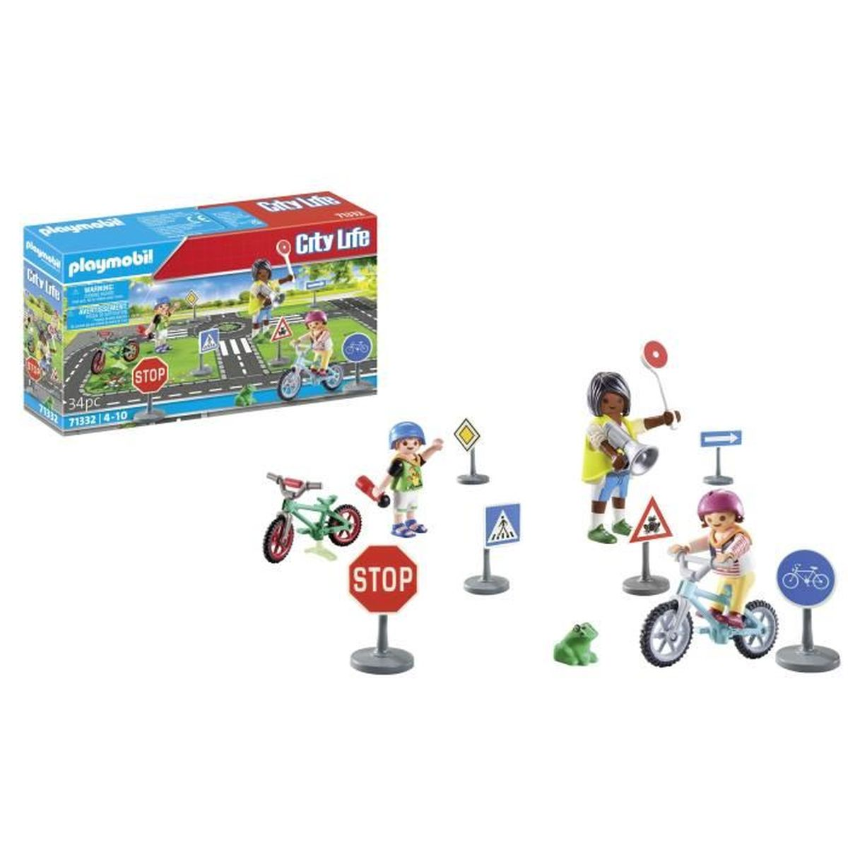 Playmobil City Life Set. Figuren, Fahrräder, Straßenschilder und eine Schachtel sind zu sehen. Ein Stoppschild befindet sich im Vordergrund.