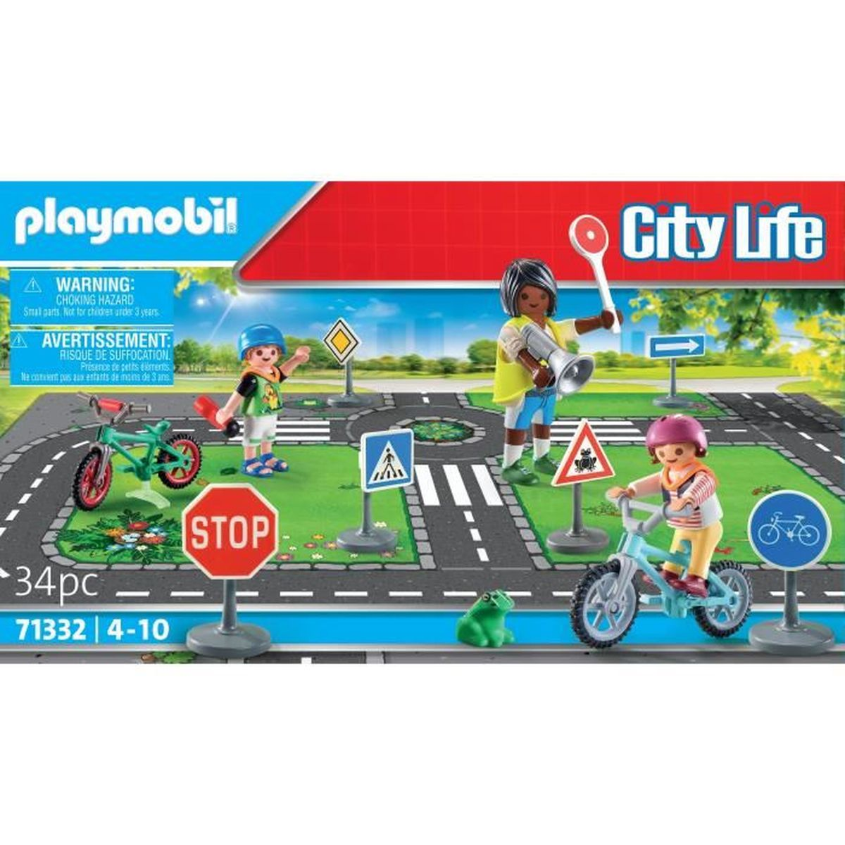 Playmobil City Life Set. Enthält Spielfiguren auf Fahrrädern, ein Stoppschild und Straßenschilder. Enthält ein grünes Froschspielzeug.