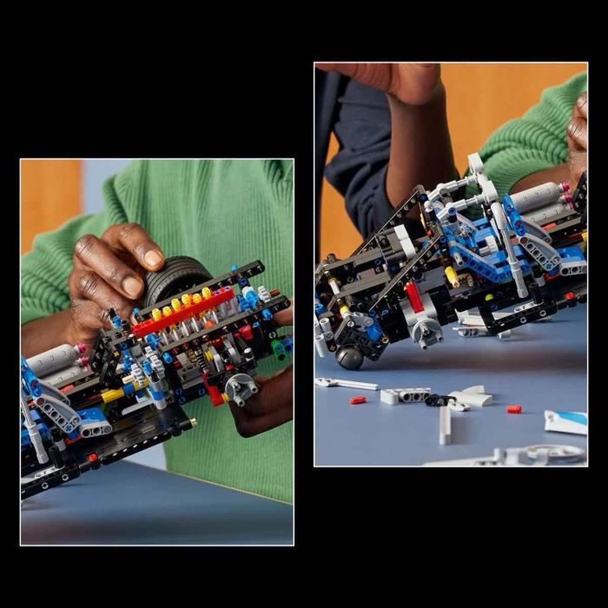 Dwie osoby budują złożoną strukturę LEGO. Jedna osoba trzyma konstrukcję, a druga montuje części na stole.