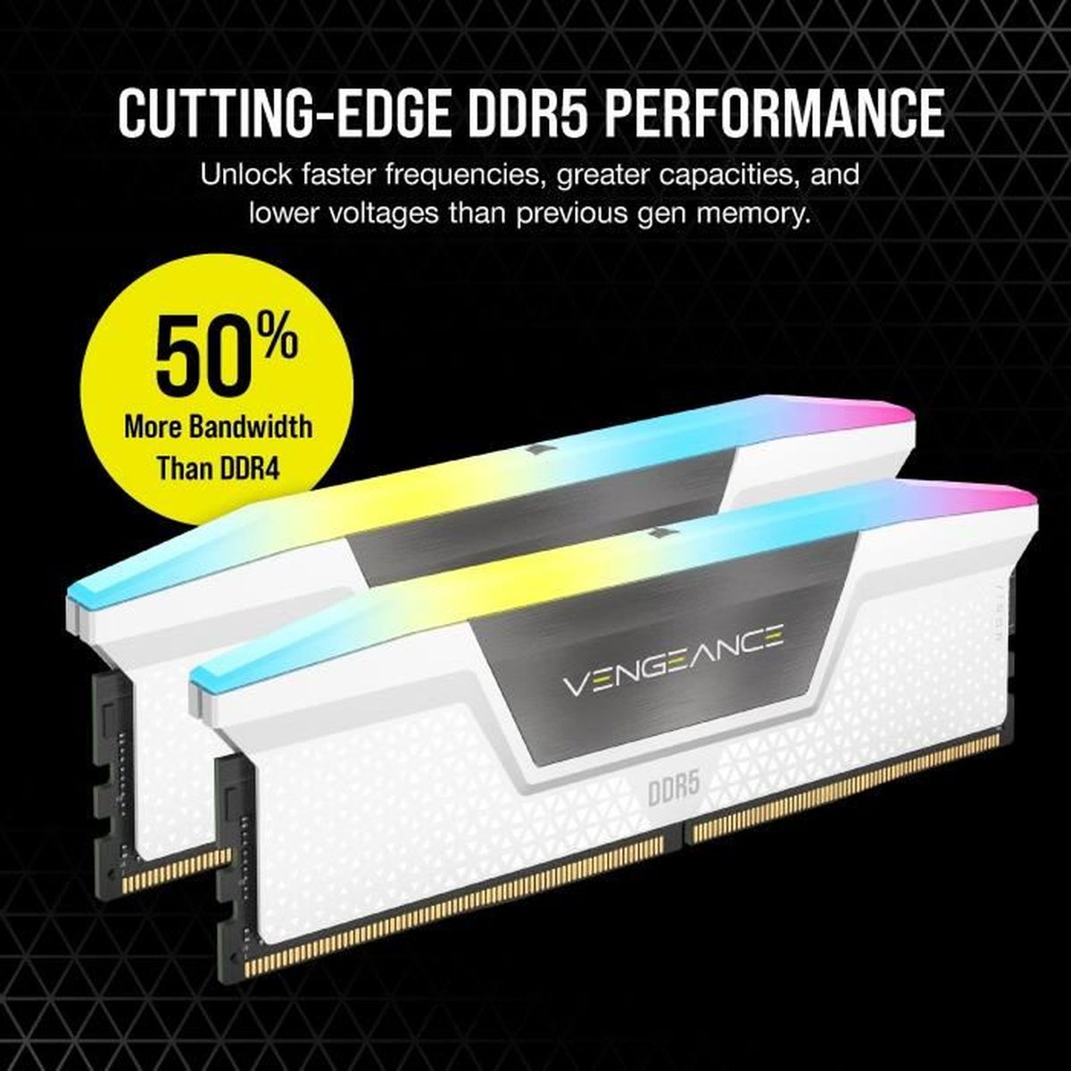 Dwa moduły pamięci RAM DDR5 z kolorowymi światłami LED i napisem "VENGEANCE DDR5". Żółte koło mówi "50% Większa przepustowość niż DDR4".