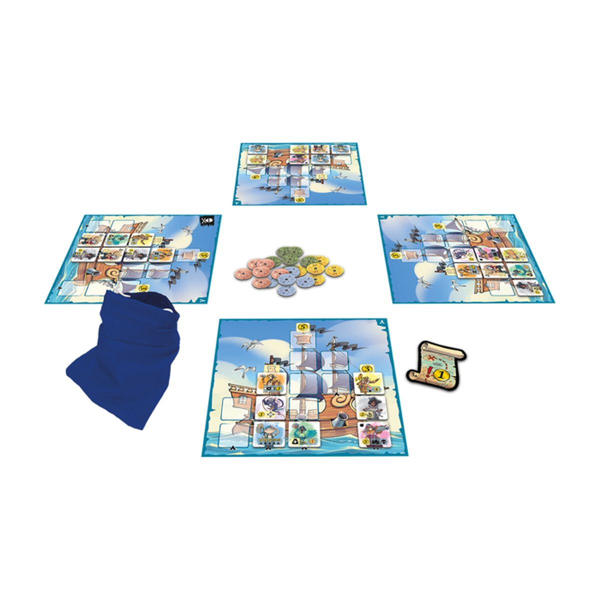 A pirate board game setup. Four game boards surround a pile of tokens, a blue bag, and a card. Boards show pirate ships.