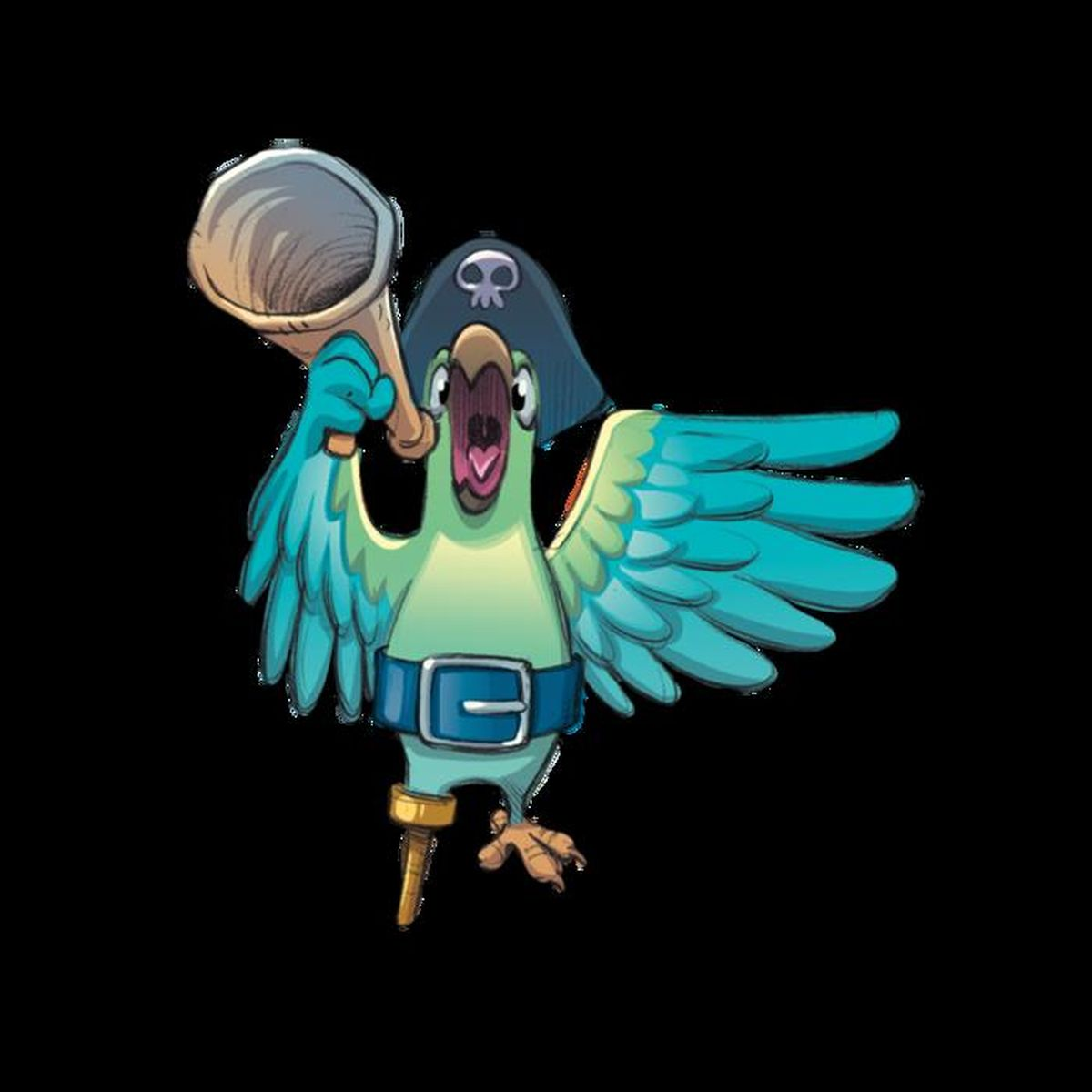 A cartoon parrot in pirate attire, holding a megaphone. It has blue wings and a black hat with a skull.