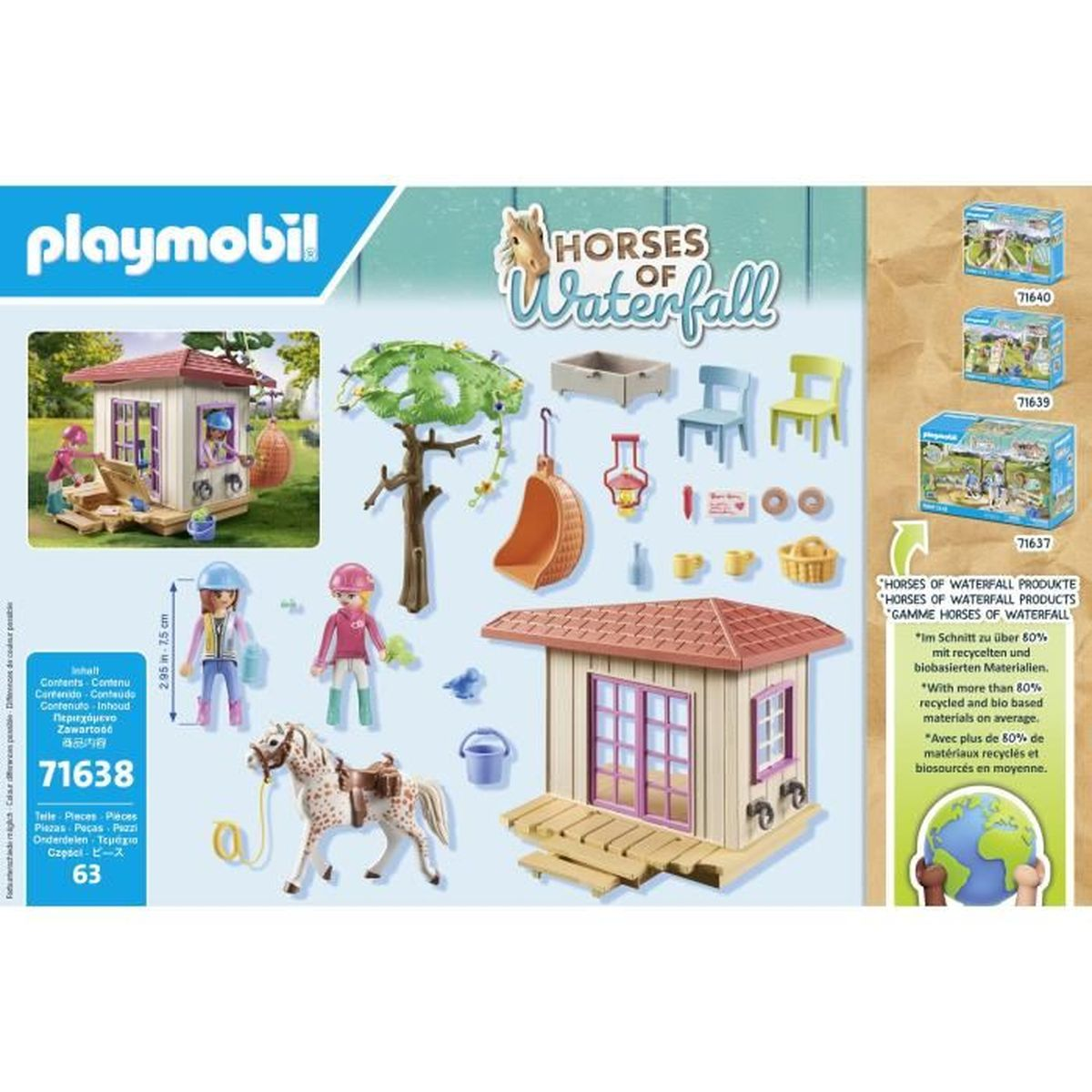 Playmobil Cavalli di Waterfall. Include personaggi, cavallo, accessori e casetta in legno. Scatola con dettagli.