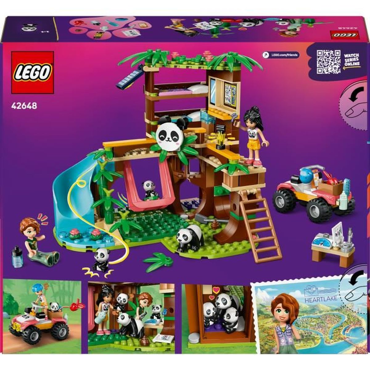 Zestaw LEGO Friends z siedliskiem pandy, domkiem na drzewie, zjeżdżalnią, figurkami i pojazdem. Zawiera pandy, akcesoria i logo LEGO.