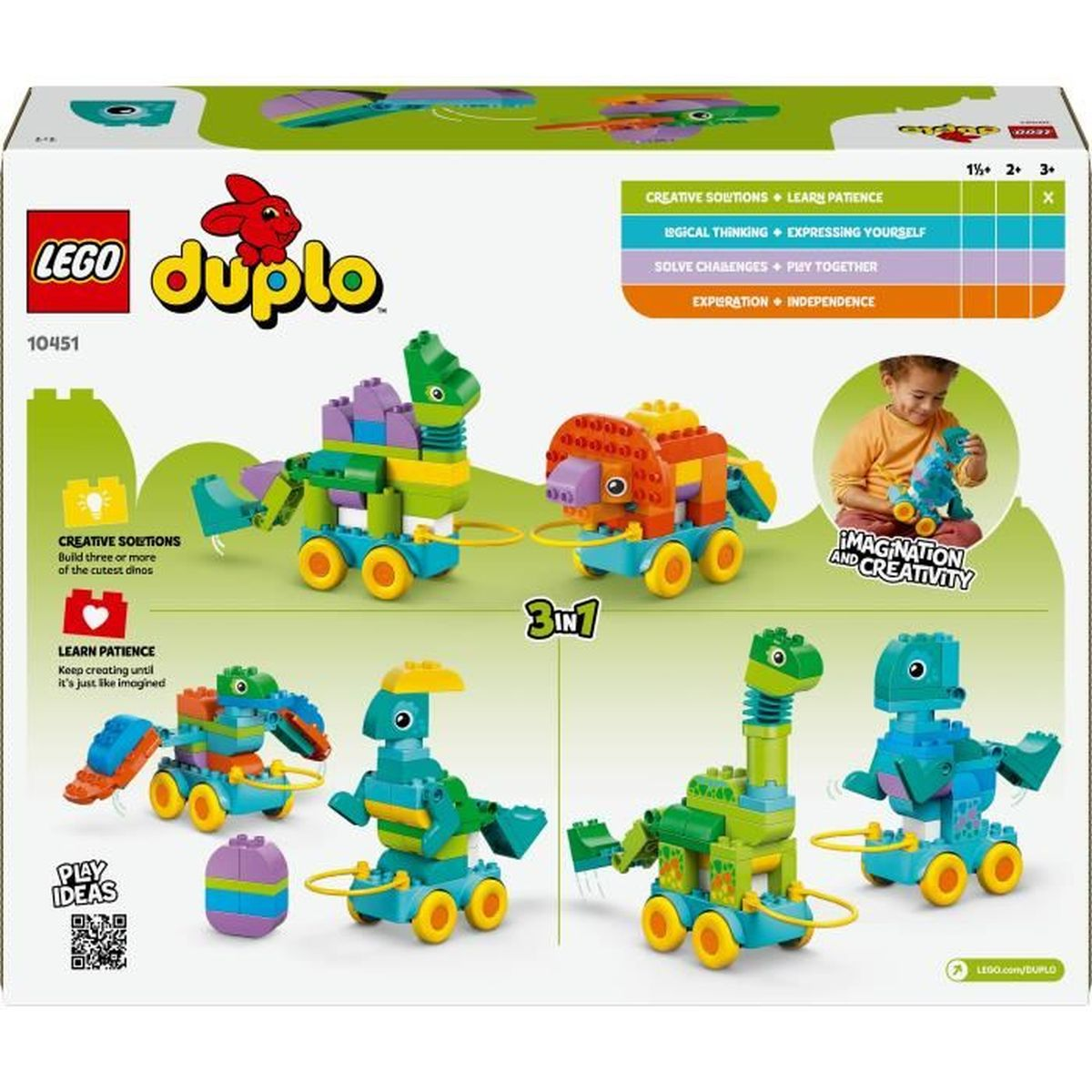Pudełko Lego Duplo z kolorowymi figurkami dinozaurów. Zawiera dziecko bawiące się dinozaurem-zabawką. Tekst na pudełku podkreśla kreatywne rozwiązania.