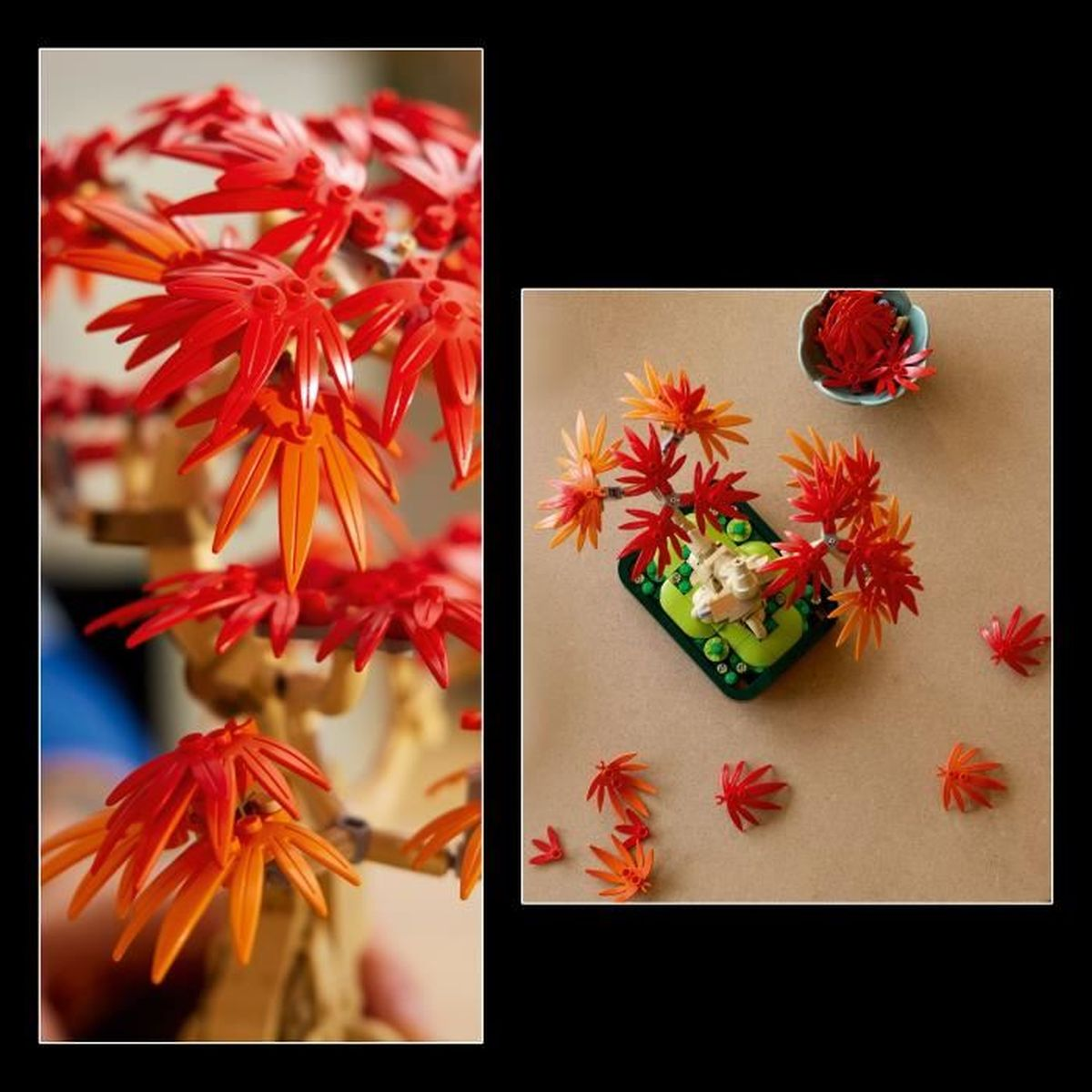 Kırmızı ve turuncu yapraklı bir Lego bonsai ağacı. Bazı yapraklar masada, aynı türden küçük bir kase ile birlikte.