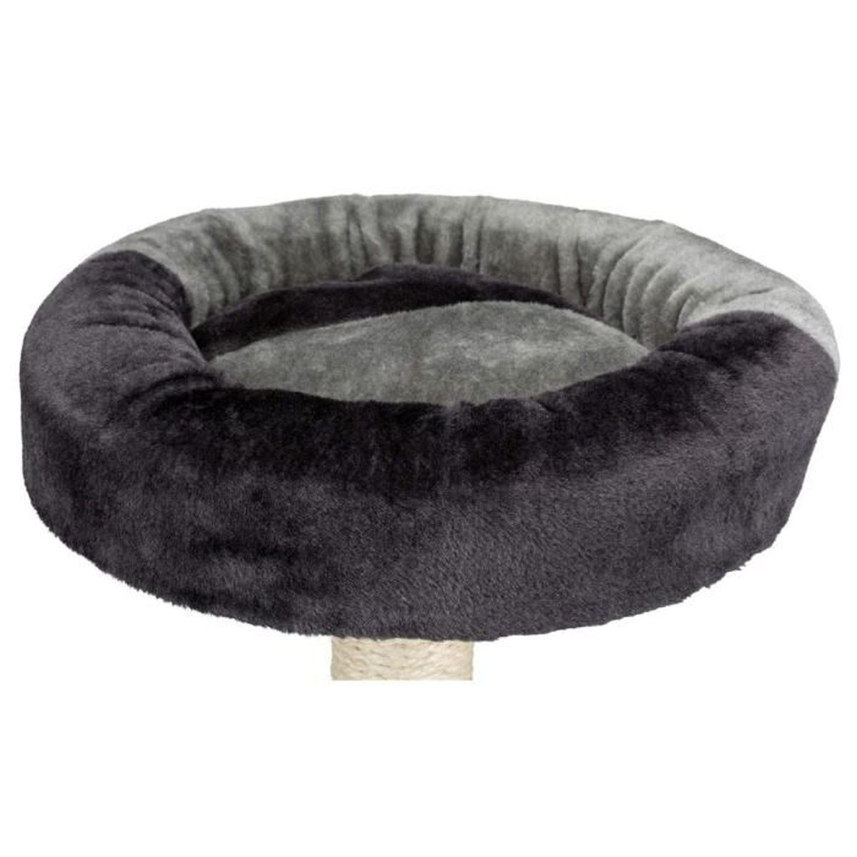 Ein grau-schwarzes Haustierbett auf einem beigefarbenen, mit Seil umwickelten Sockel. Das Bett ist kreisförmig mit flauschiger Textur, auf weißem Hintergrund.
