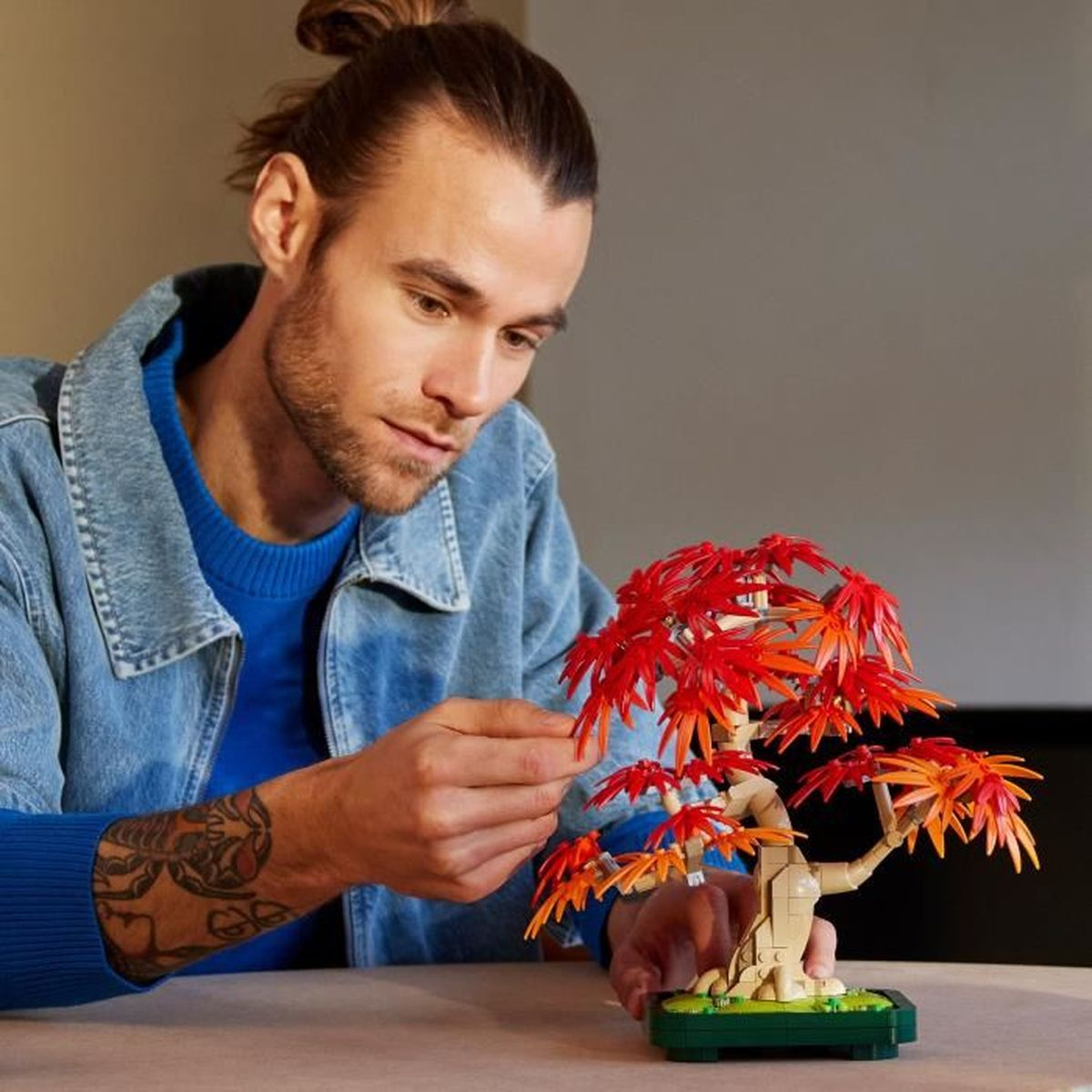 Topuzlu bir adam, kırmızı ve turuncu yapraklı bir Lego bonsai ağacına bakıyor. Kot ceket ve mavi bir kazak giyiyor.