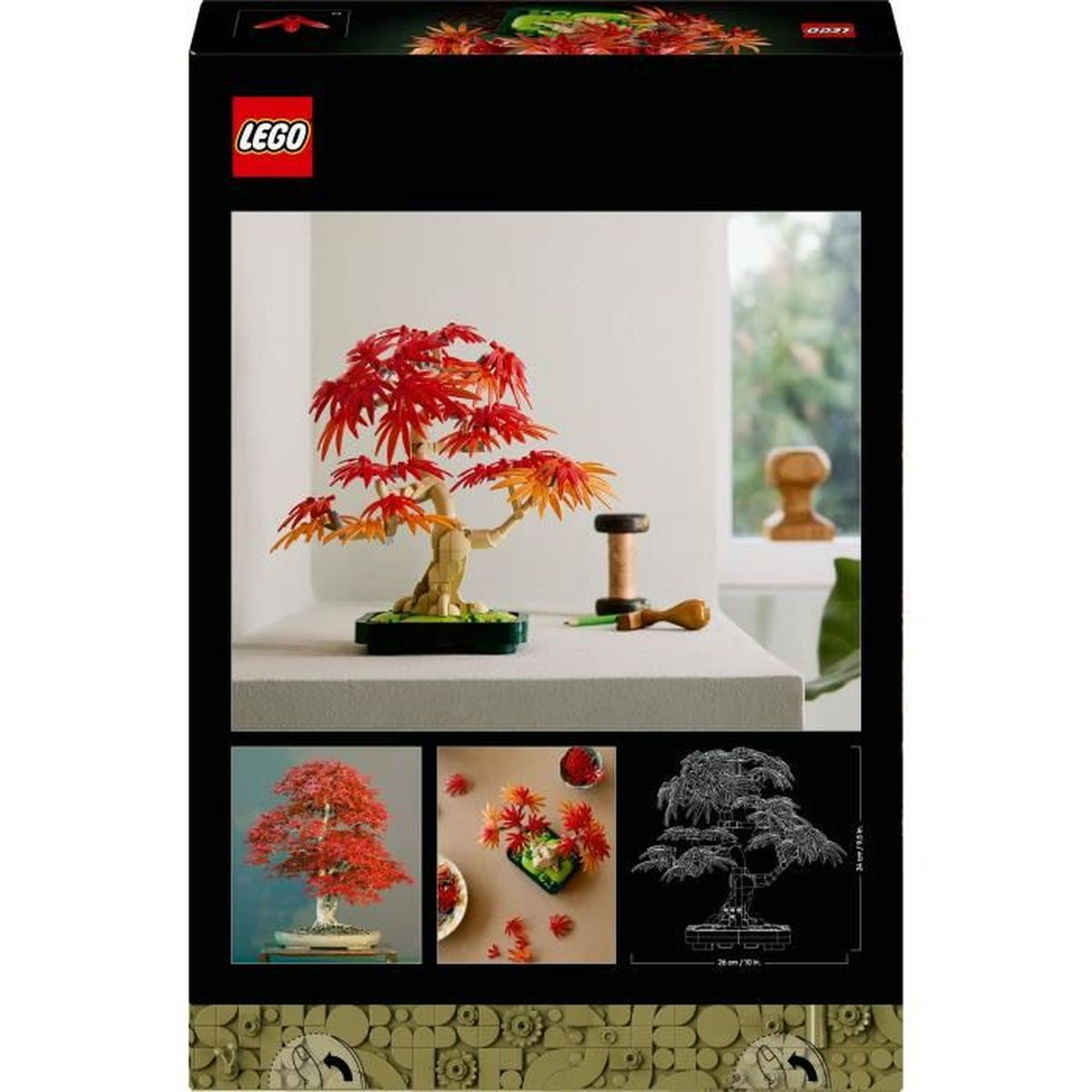 LEGO kutusu: Bir masada bonsai ağacı modeli. Kırmızı ve turuncu yapraklar, yeşil taban, ahşap makara ve kurşun kalem. Aşağıda ek resimler.