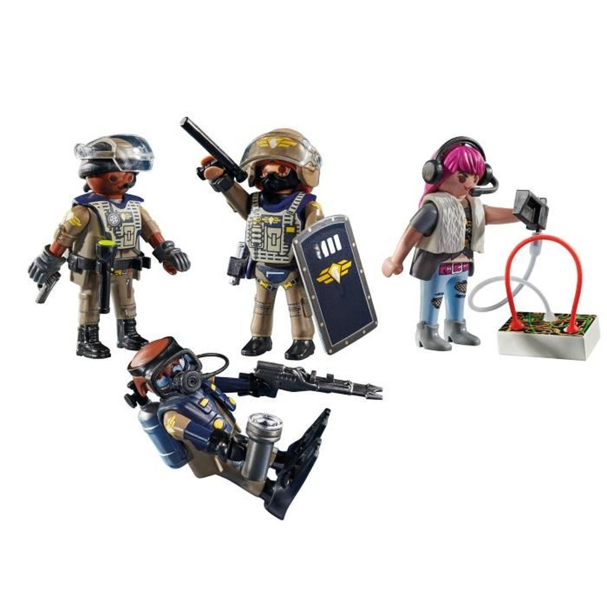 Vier Playmobil-Figuren. Drei tragen taktische Ausrüstung, eine hat einen Schild. Eine Figur benutzt ein Detektor.