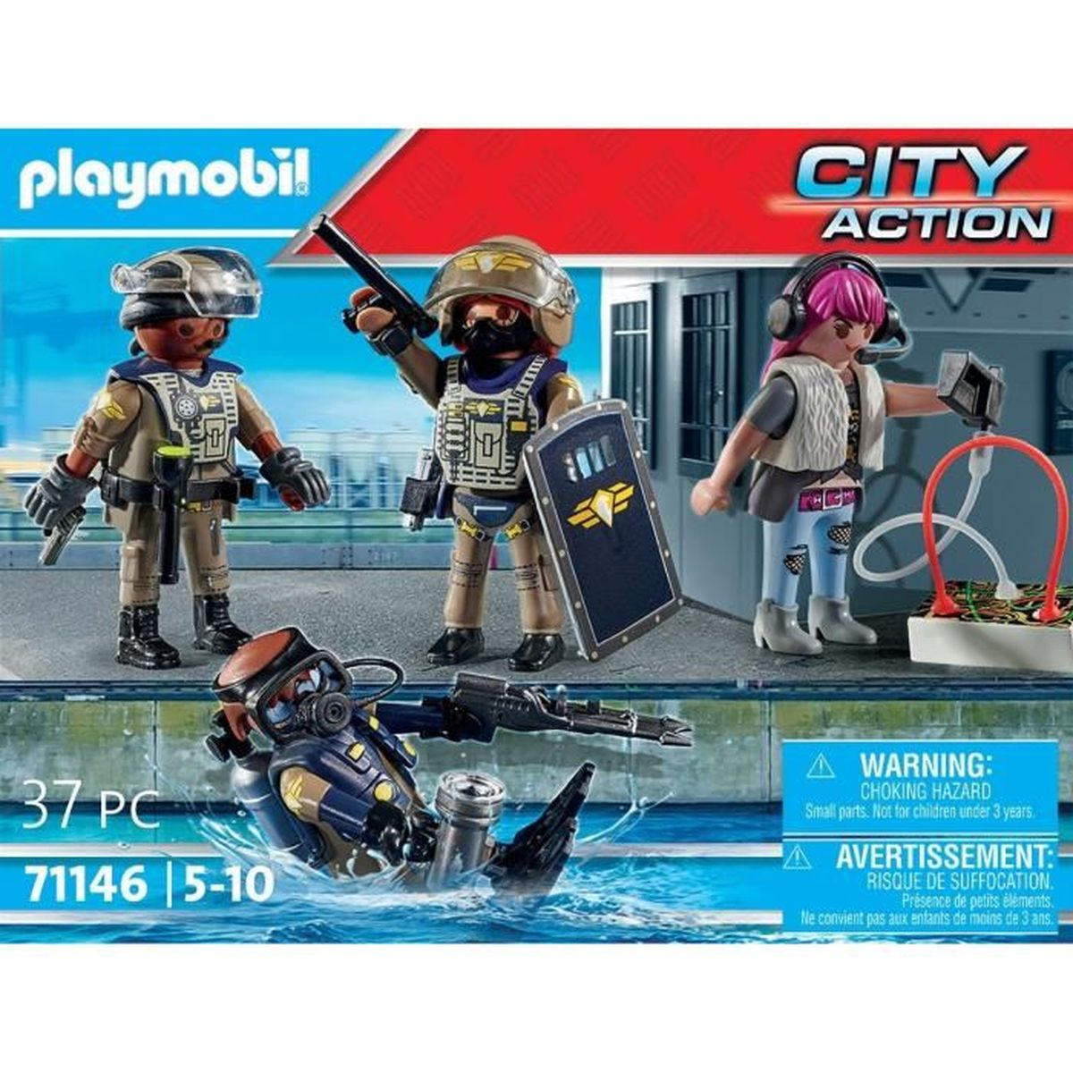 Playmobil City Action Set: Polizisten und ein Taucher in Aktion. Enthält Figuren, Waffen und Warnhinweise vor Erstickungsgefahr.