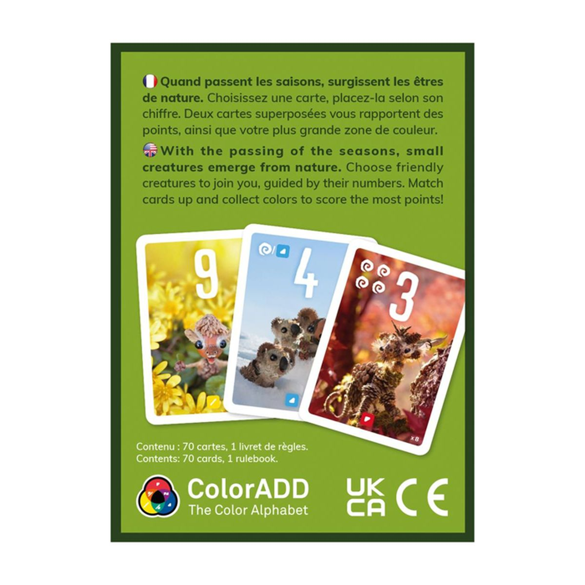 Caja de juego con tres cartas que muestran animales y números. Texto en francés e inglés, con borde verde.