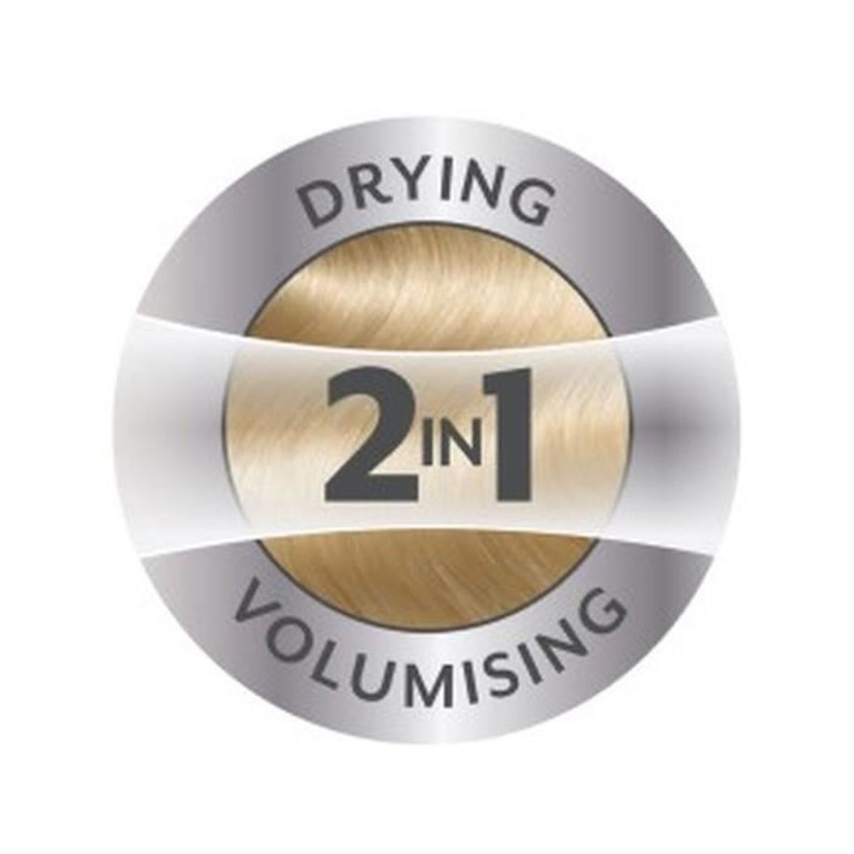 Okrągłe srebrne logo z blond włosami pośrodku. Czytamy 'Drying' i 'Volumising' ze '2 w 1' pośrodku.