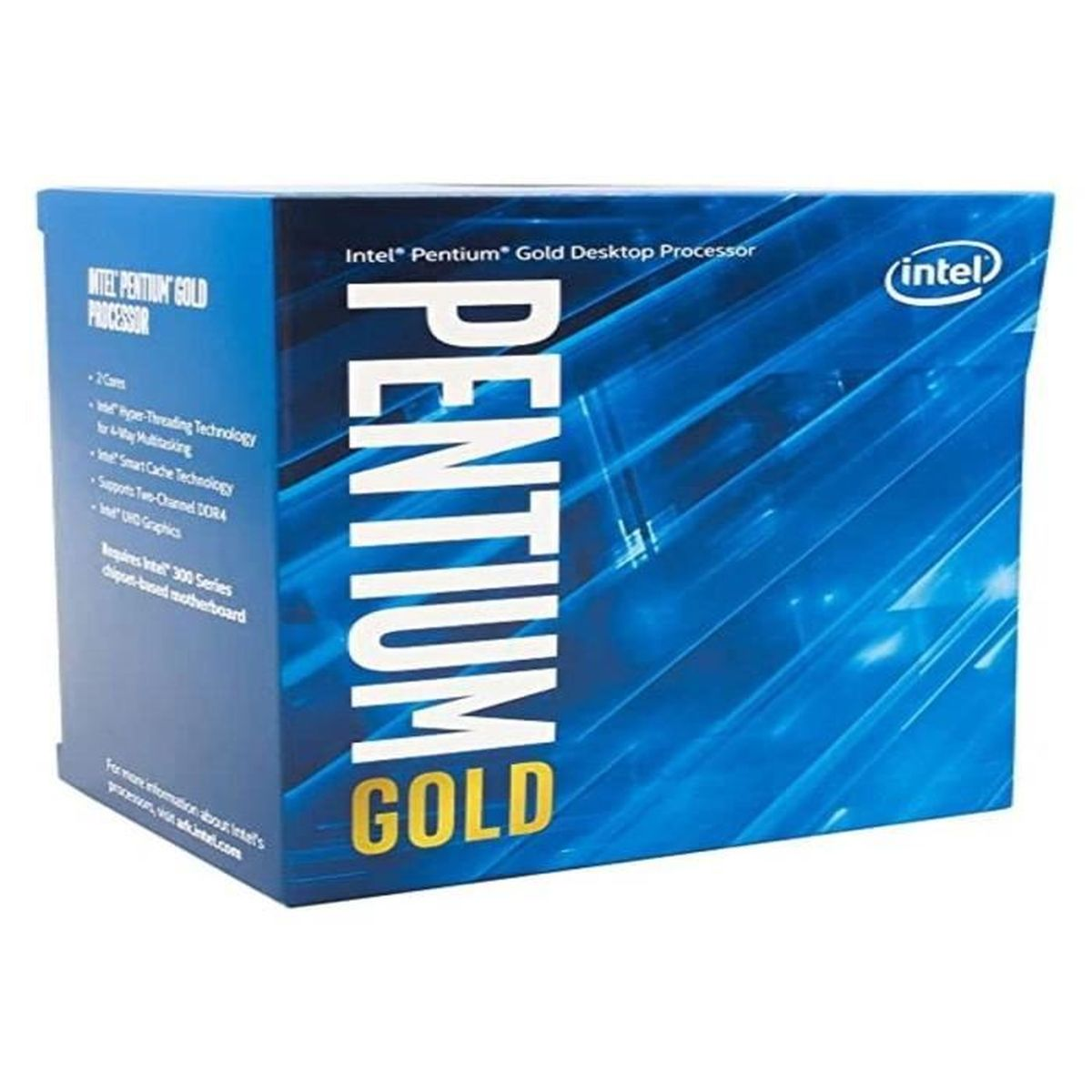 Pudełko procesora Intel Pentium Gold do komputera stacjonarnego. Niebieskie pudełko z białym i złotym tekstem oraz logo Intel. Zawiera specyfikacje.