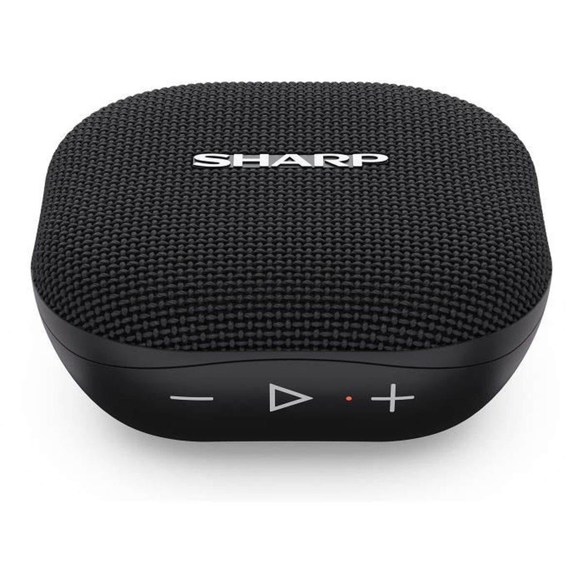 Czarny głośnik Bluetooth Sharp z siatkową górą. Posiada przyciski głośności i odtwarzania/pauzy. Głośnik znajduje się na białym tle.