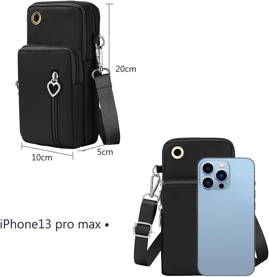 Schwarze Handytasche mit herzförmigem Verschluss. Maße: 20 cm hoch, 10 cm breit und 5 cm tief. Daneben wird ein iPhone gezeigt.