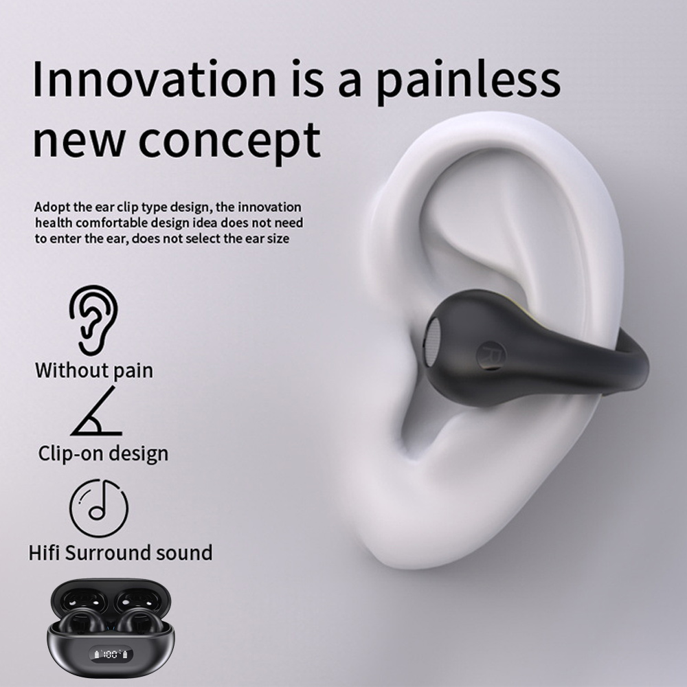 Schwarzer Kopfhörer auf weißem Ohrmodell. Text-Highlights: Innovation, schmerzfrei, Clip-on-Design und Hifi-Surround-Sound. Kopfhörer-Etui links unten.