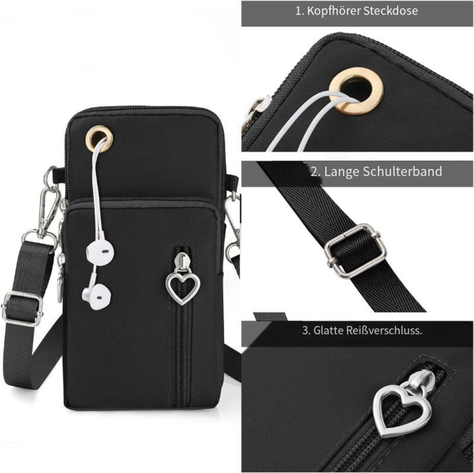 Schwarze Handytasche mit weißen Ohrhörern, Herzreißverschluss und Schultergurt. Details umfassen Metallringe und einen glatten Reißverschluss.