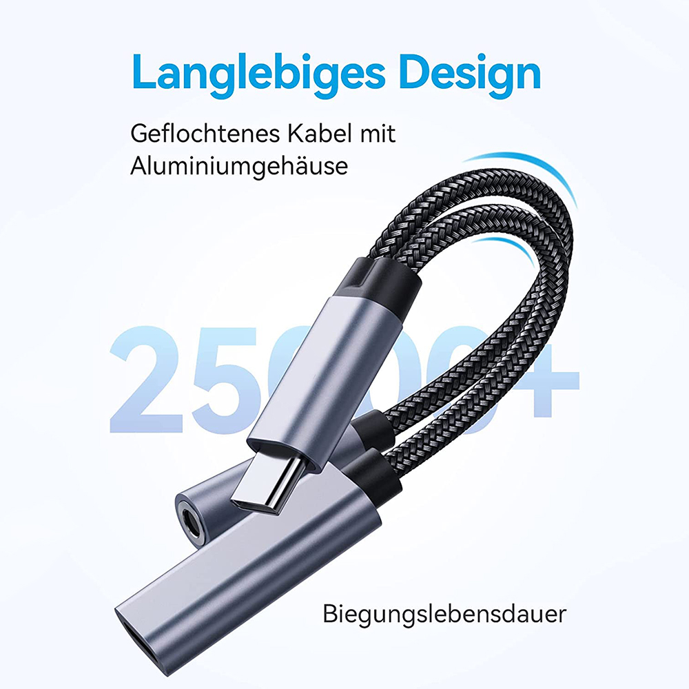 Ein silberner USB-C-Adapter mit geflochtenem schwarzem Kabel. Text weist auf ein langlebiges Design und eine Biegehaltbarkeit hin.